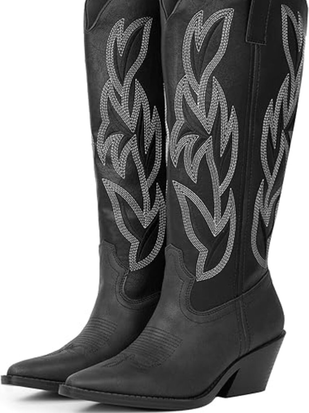 Women's Knee High Boots Snip Toe Black Faux Leather Embroidered Western Boots